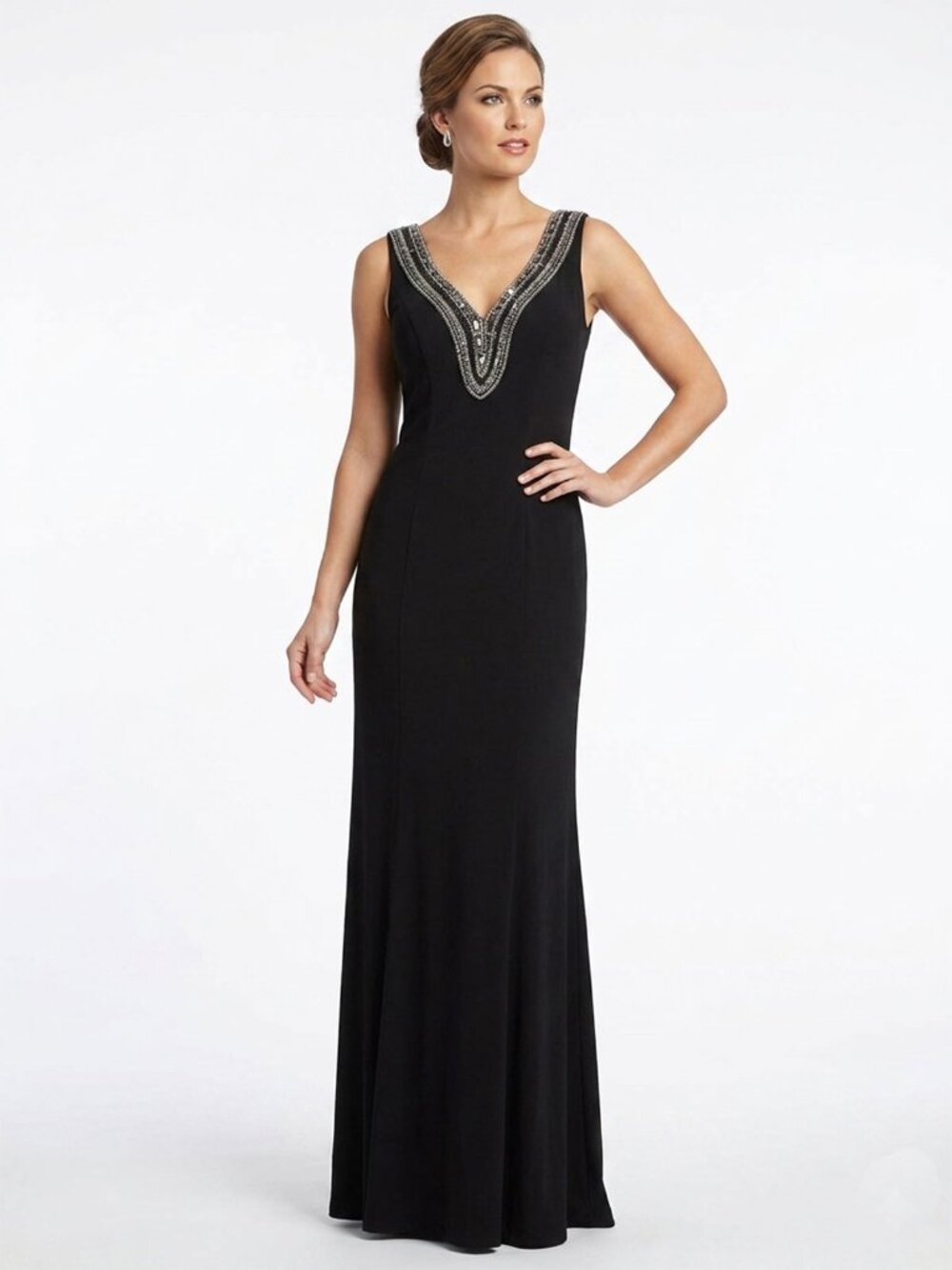 Basix Black Label Evening Gown Bead Embellished V-Neck Formal Dress Size 6